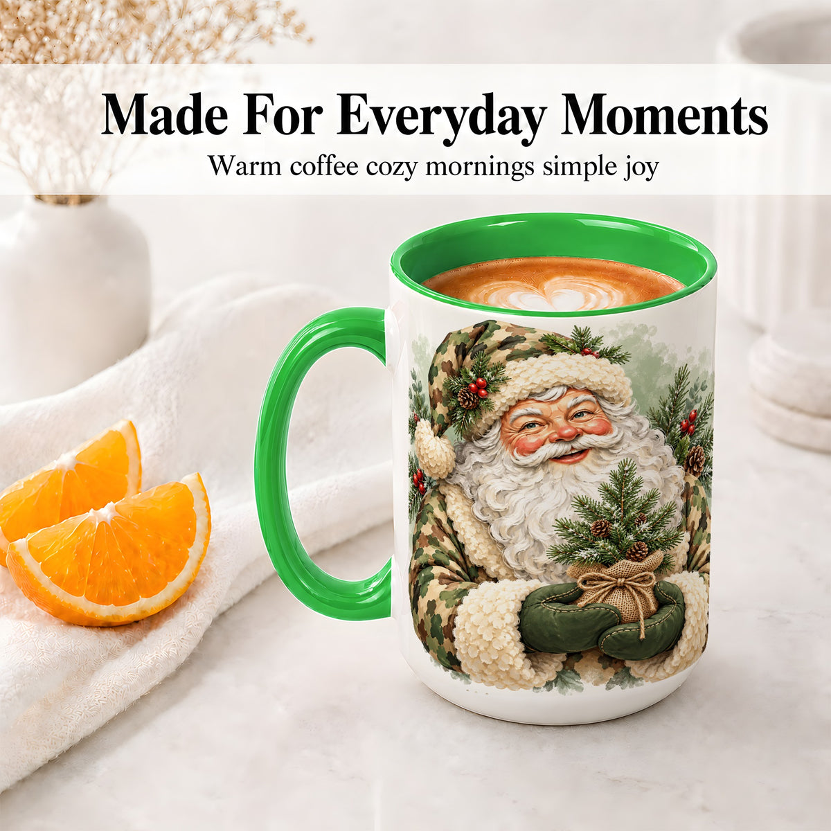 #pl[15oz|Green] Camouflage Santa Claus Ceramic Mug, Rustic Woodland Christmas Art
