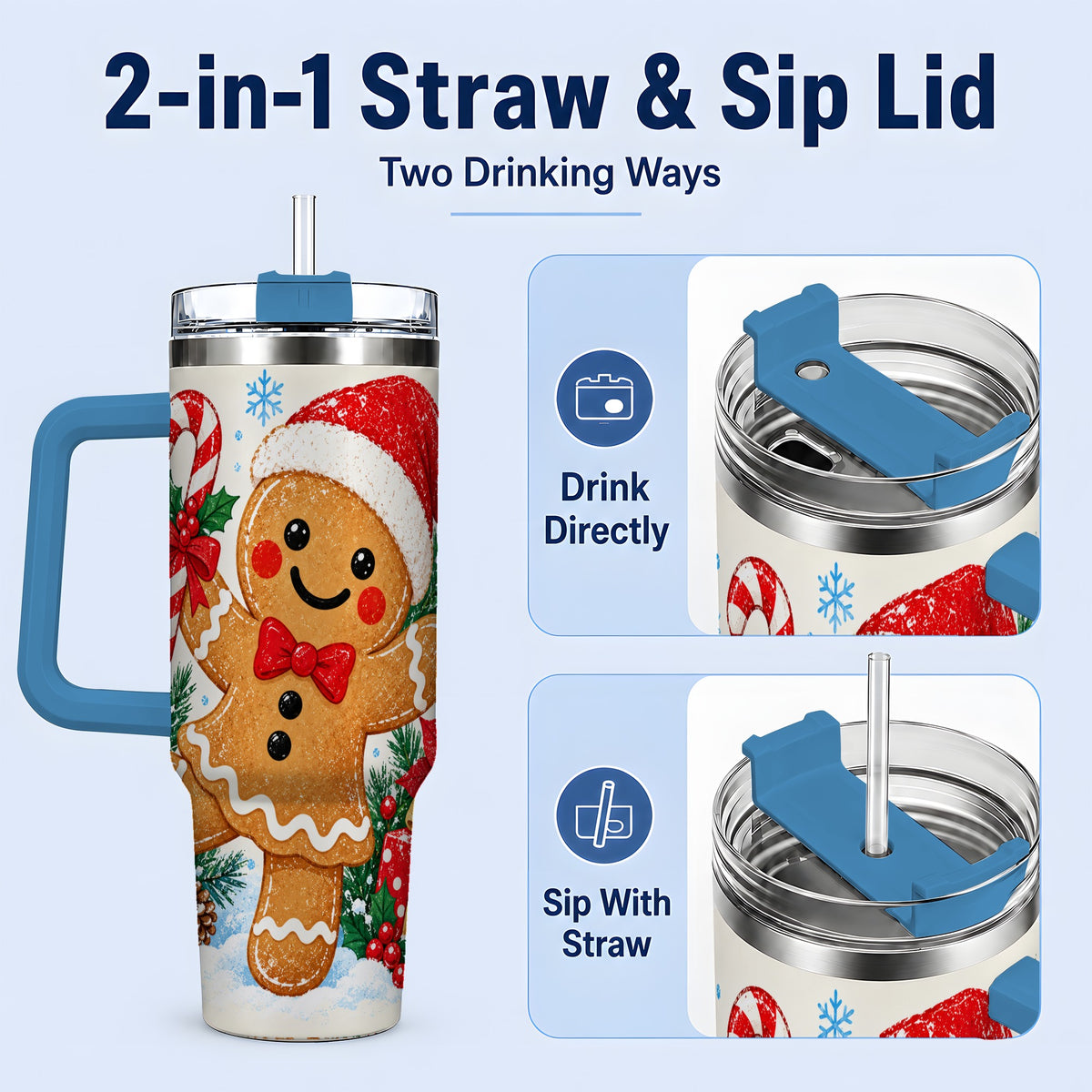 #pl[40oz|Blue] Christmas Gingerbread Man 40oz Handled Tumbler, Candy Cane Design