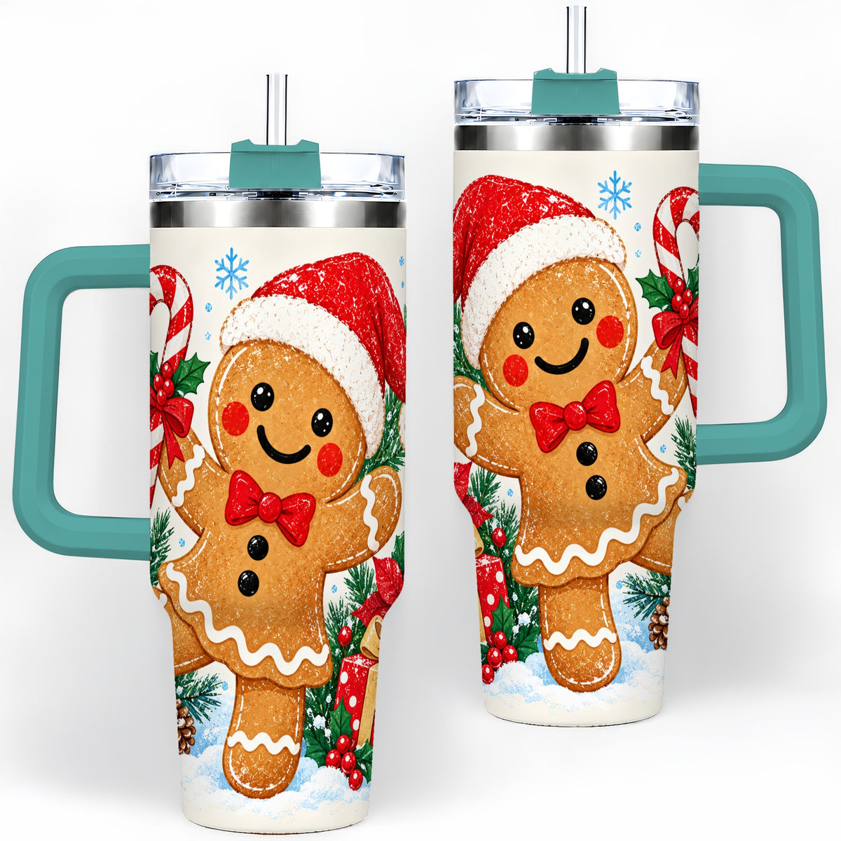 #pl[40oz|Green] Christmas Gingerbread Man 40oz Handled Tumbler, Candy Cane Design