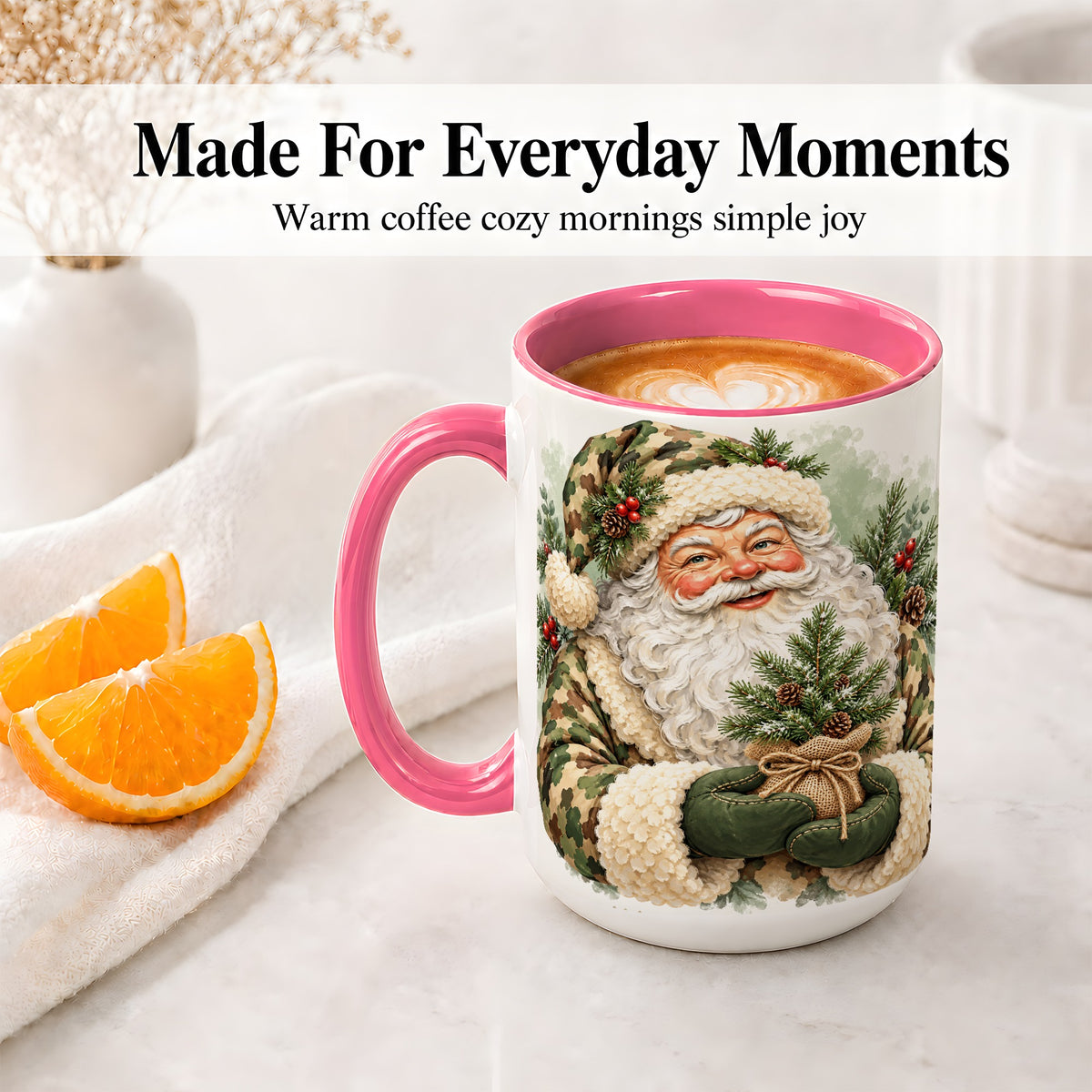 #pl[15oz|Pink] Camouflage Santa Claus Ceramic Mug, Rustic Woodland Christmas Art