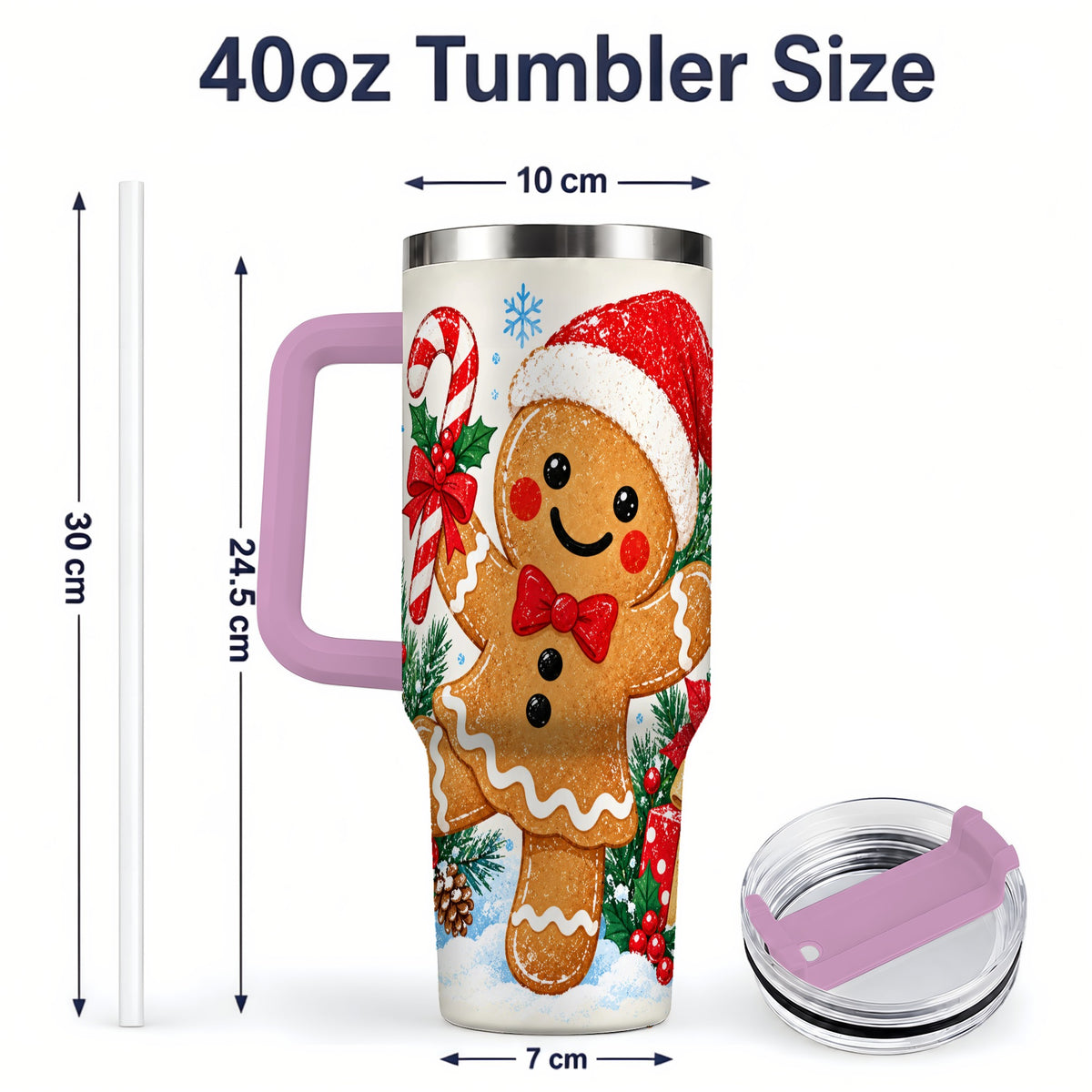 #pl[40oz|Pink] Christmas Gingerbread Man 40oz Handled Tumbler, Candy Cane Design