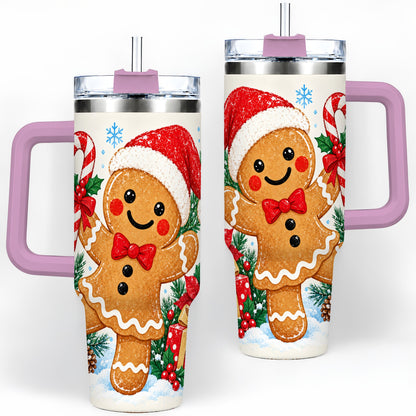 #pl[40oz|Pink] Christmas Gingerbread Man 40oz Handled Tumbler, Candy Cane Design