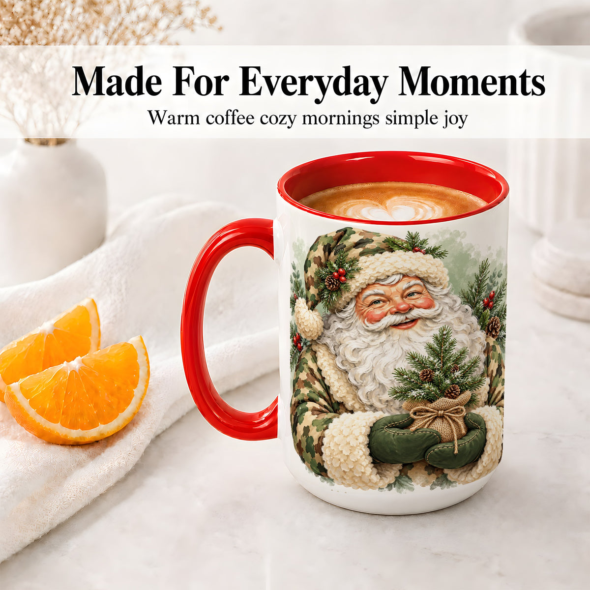 #pl[15oz|Red] Camouflage Santa Claus Ceramic Mug, Rustic Woodland Christmas Art