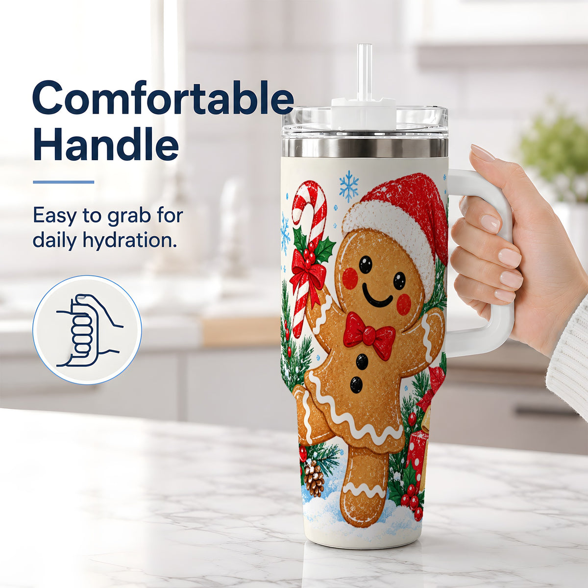 #pl[40oz|White] Christmas Gingerbread Man 40oz Handled Tumbler, Candy Cane Design