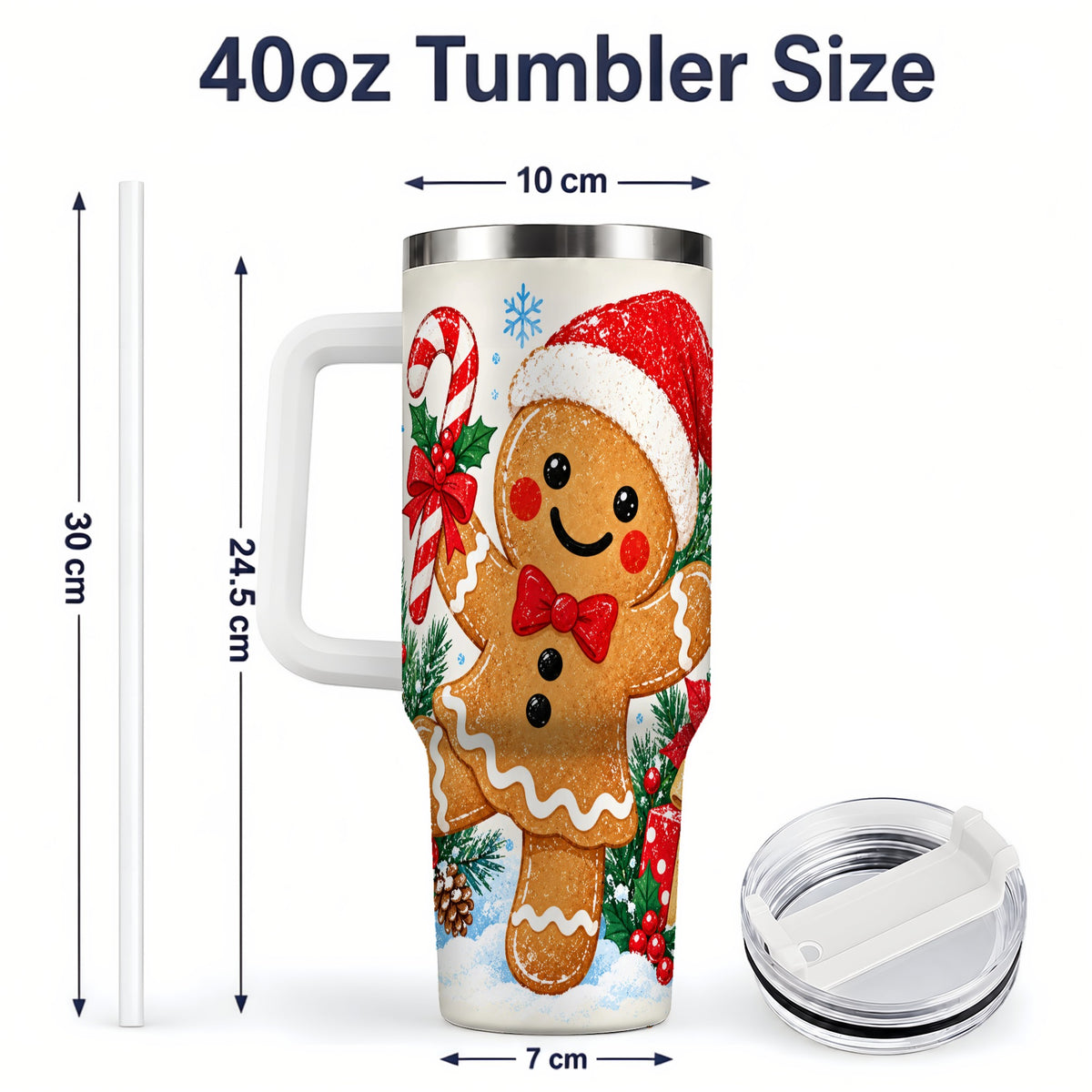 #pl[40oz|White] Christmas Gingerbread Man 40oz Handled Tumbler, Candy Cane Design
