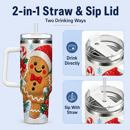 #pl[40oz|White] Christmas Gingerbread Man 40oz Handled Tumbler, Candy Cane Design