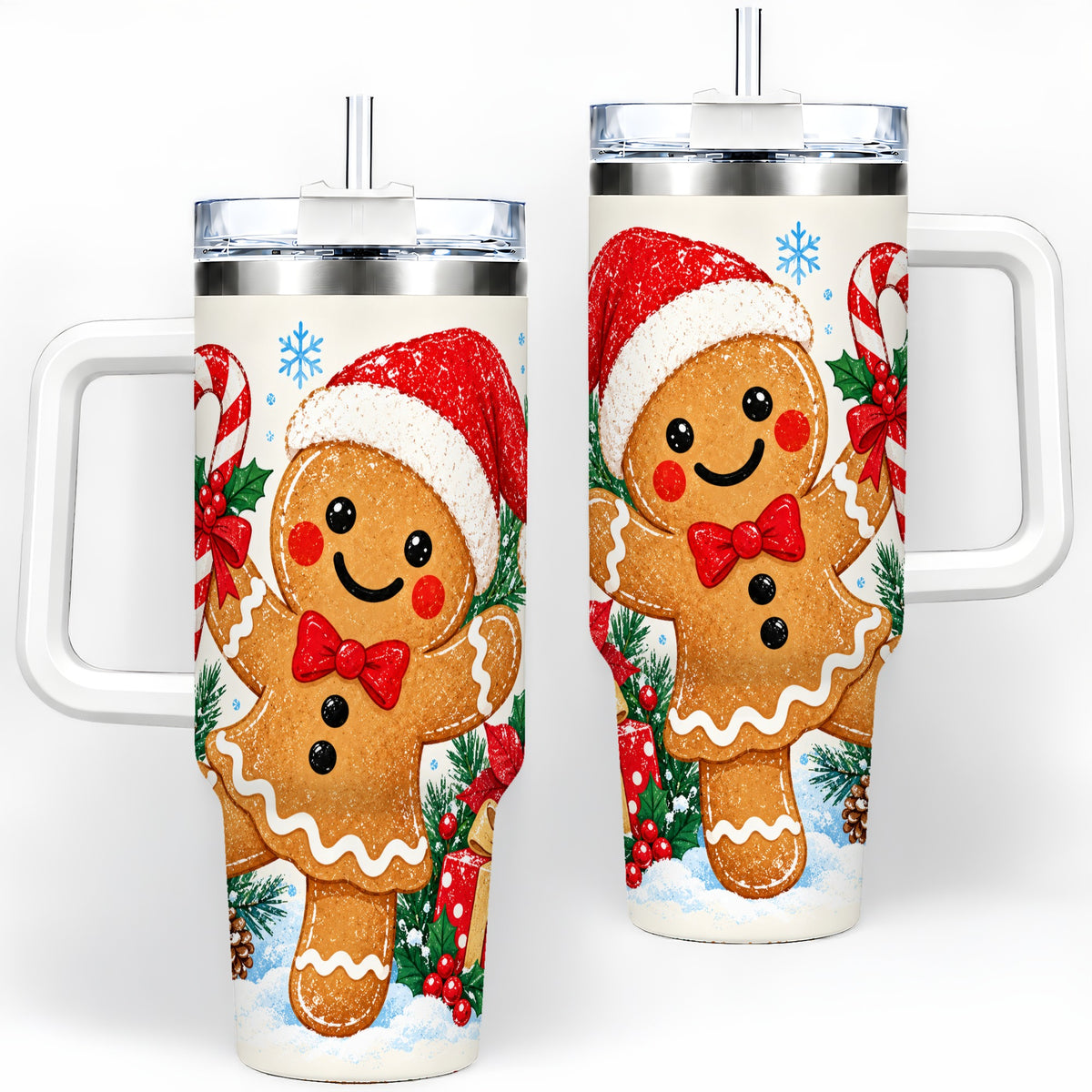 Christmas Gingerbread Man 40oz Handled Tumbler, Candy Cane Design