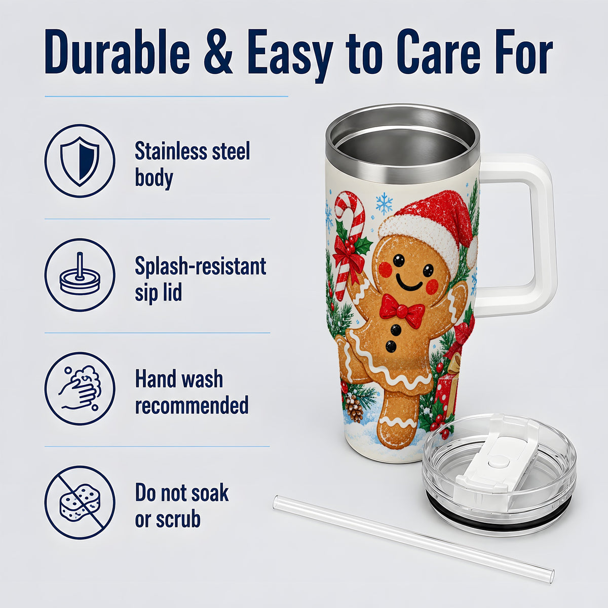 Christmas Gingerbread Man 40oz Handled Tumbler, Candy Cane Design