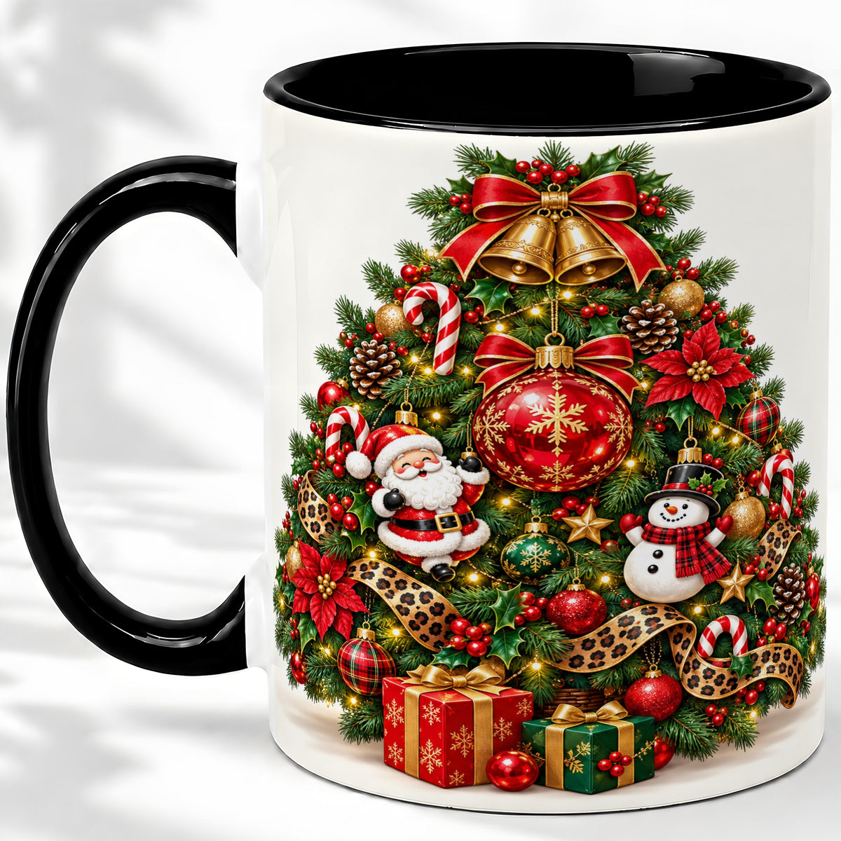 #pl[11oz|Black] Leopard Ribbon Christmas Tree Ceramic Mug, Santa Snowman Artwork