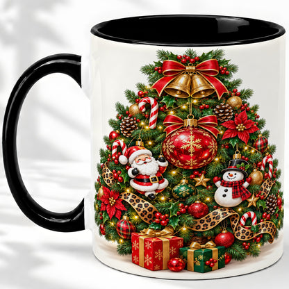#pl[11oz|Black] Leopard Ribbon Christmas Tree Ceramic Mug, Santa Snowman Artwork
