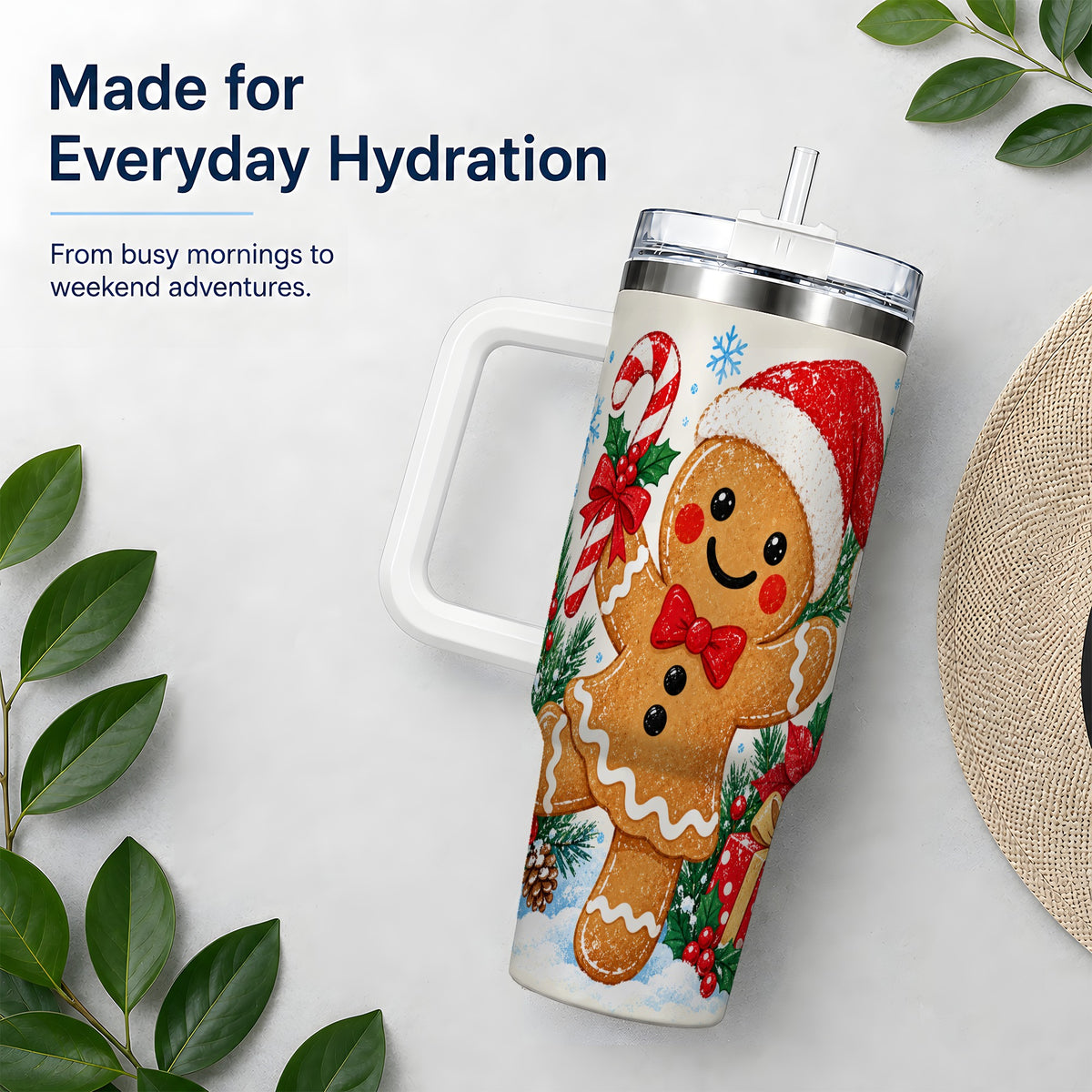 Christmas Gingerbread Man 40oz Handled Tumbler, Candy Cane Design