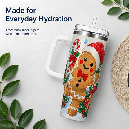 Christmas Gingerbread Man 40oz Handled Tumbler, Candy Cane Design