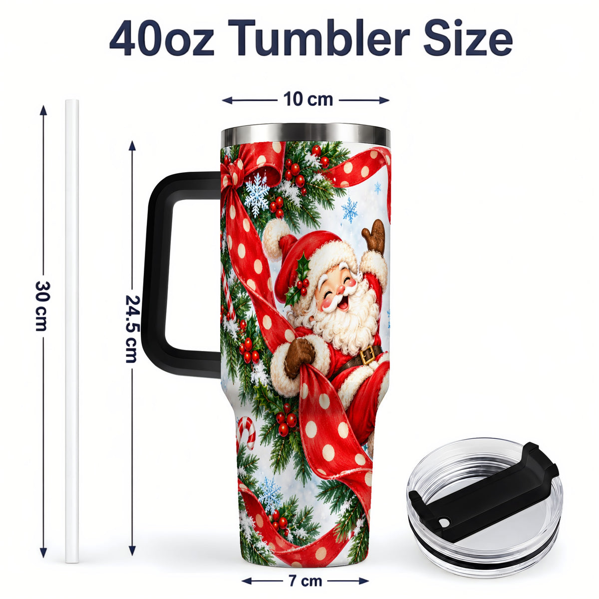 #pl[40oz|Black] Jolly Santa Claus 40oz Handled Tumbler, Festive Christmas Bow Artwork