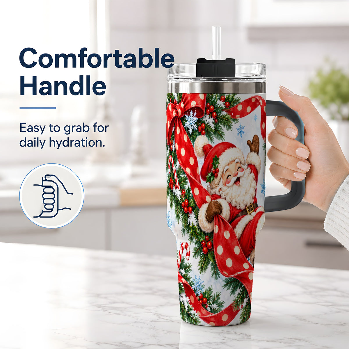 #pl[40oz|Black] Jolly Santa Claus 40oz Handled Tumbler, Festive Christmas Bow Artwork