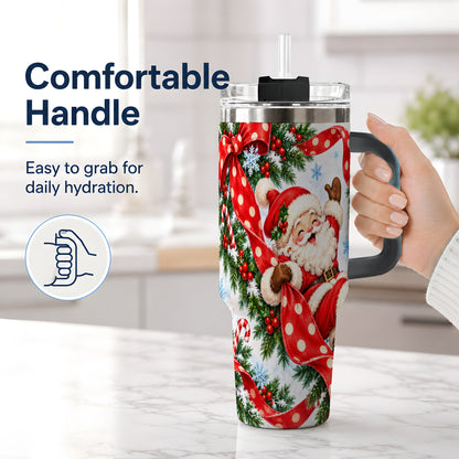 #pl[40oz|Black] Jolly Santa Claus 40oz Handled Tumbler, Festive Christmas Bow Artwork