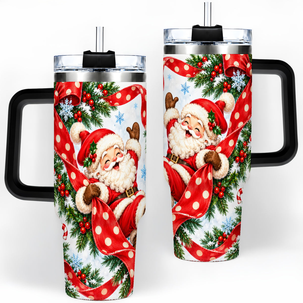 #pl[40oz|Black] Jolly Santa Claus 40oz Handled Tumbler, Festive Christmas Bow Artwork