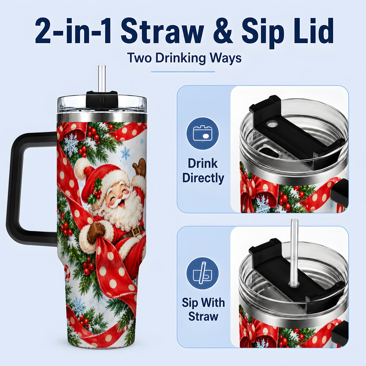 #pl[40oz|Black] Jolly Santa Claus 40oz Handled Tumbler, Festive Christmas Bow Artwork