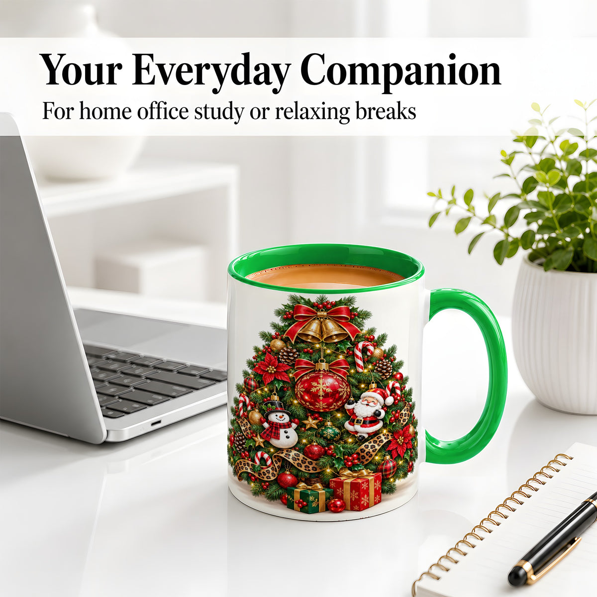 #pl[11oz|Green] Leopard Ribbon Christmas Tree Ceramic Mug, Santa Snowman Artwork