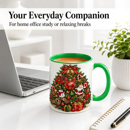 #pl[11oz|Green] Leopard Ribbon Christmas Tree Ceramic Mug, Santa Snowman Artwork