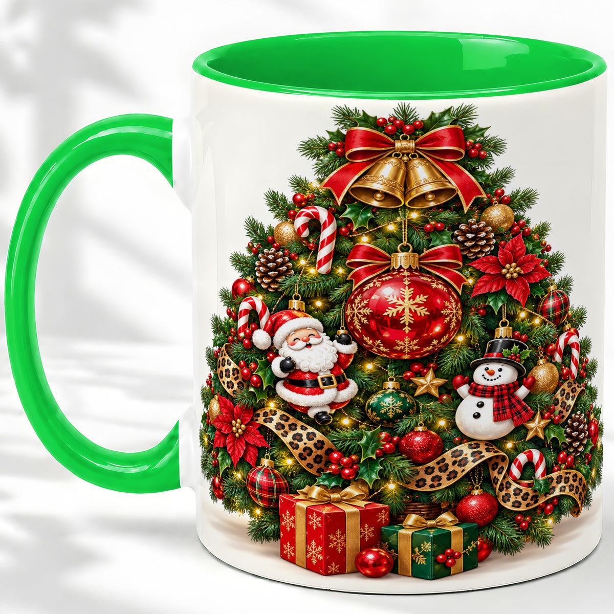 #pl[11oz|Green] Leopard Ribbon Christmas Tree Ceramic Mug, Santa Snowman Artwork