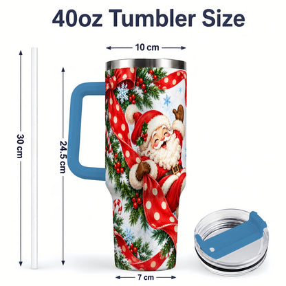 #pl[40oz|Blue] Jolly Santa Claus 40oz Handled Tumbler, Festive Christmas Bow Artwork
