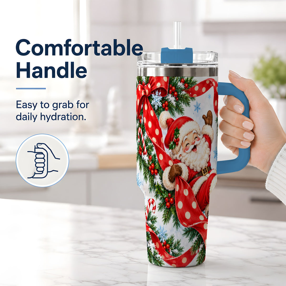 #pl[40oz|Blue] Jolly Santa Claus 40oz Handled Tumbler, Festive Christmas Bow Artwork