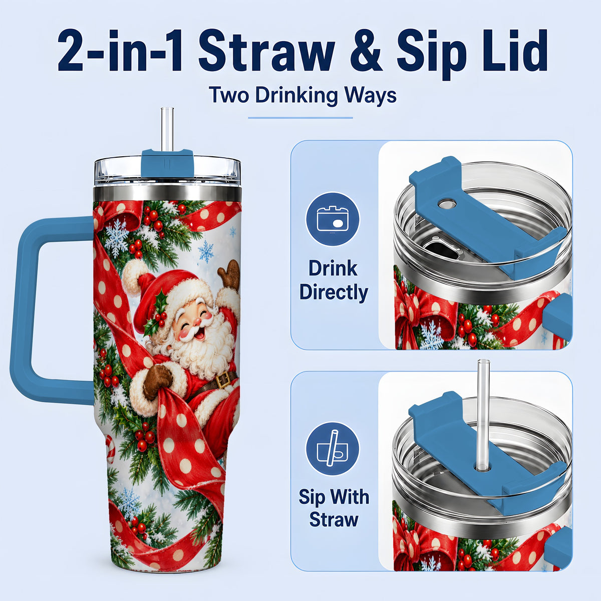 #pl[40oz|Blue] Jolly Santa Claus 40oz Handled Tumbler, Festive Christmas Bow Artwork