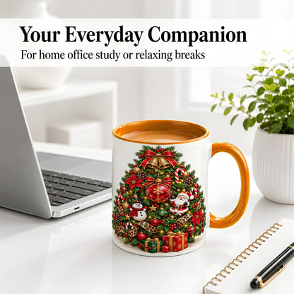 #pl[11oz|Orange] Leopard Ribbon Christmas Tree Ceramic Mug, Santa Snowman Artwork