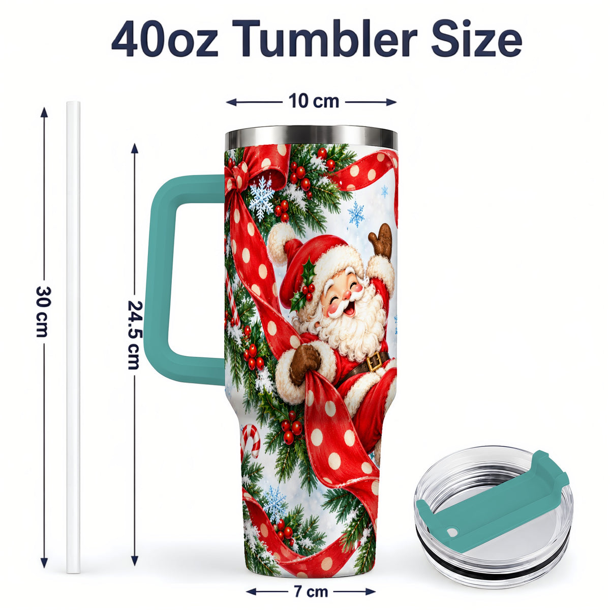 #pl[40oz|Green] Jolly Santa Claus 40oz Handled Tumbler, Festive Christmas Bow Artwork