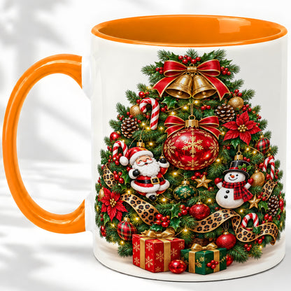 #pl[11oz|Orange] Leopard Ribbon Christmas Tree Ceramic Mug, Santa Snowman Artwork