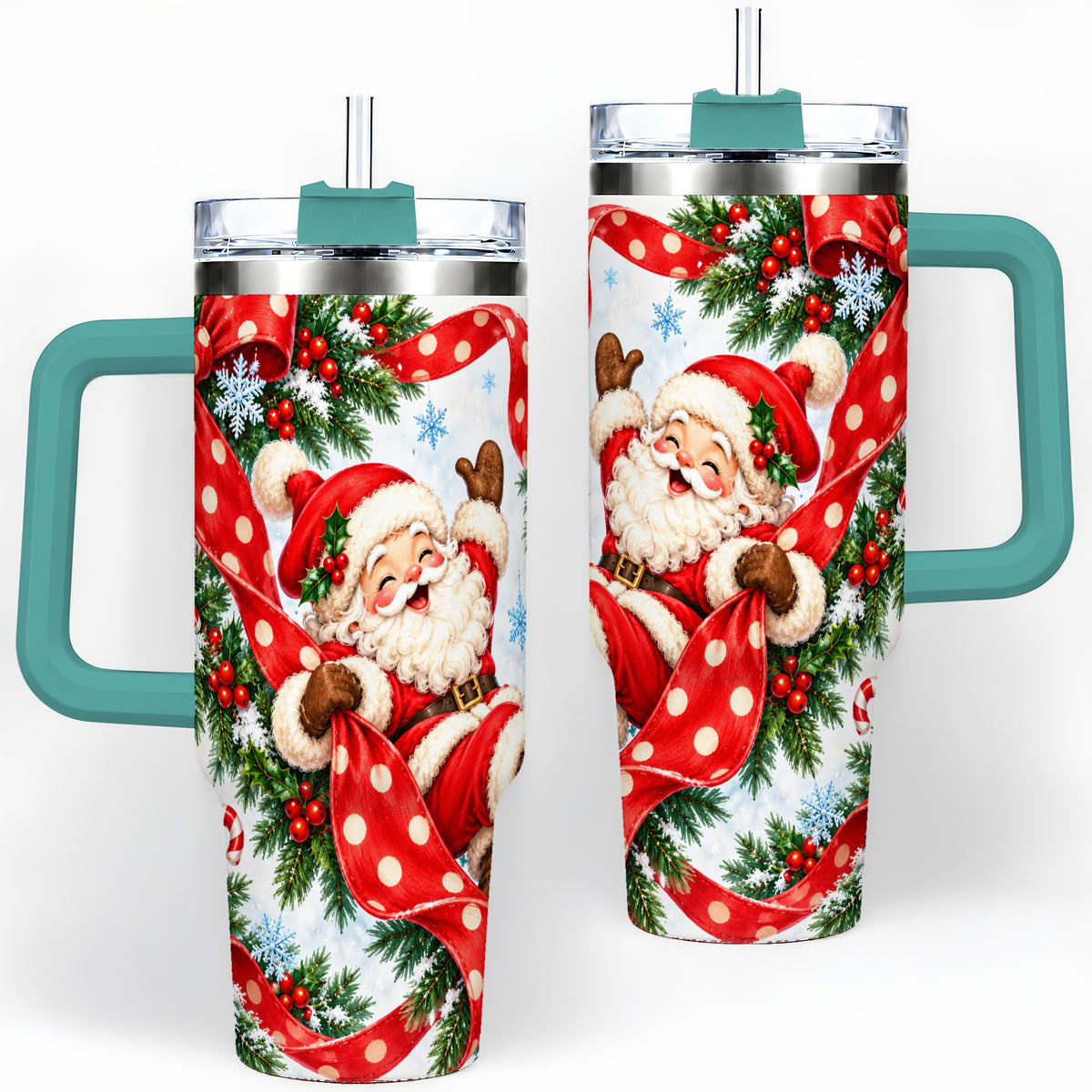 #pl[40oz|Green] Jolly Santa Claus 40oz Handled Tumbler, Festive Christmas Bow Artwork