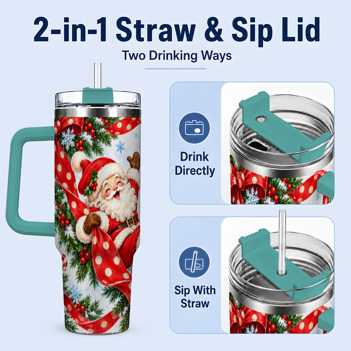 #pl[40oz|Green] Jolly Santa Claus 40oz Handled Tumbler, Festive Christmas Bow Artwork