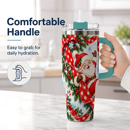 #pl[40oz|Green] Jolly Santa Claus 40oz Handled Tumbler, Festive Christmas Bow Artwork