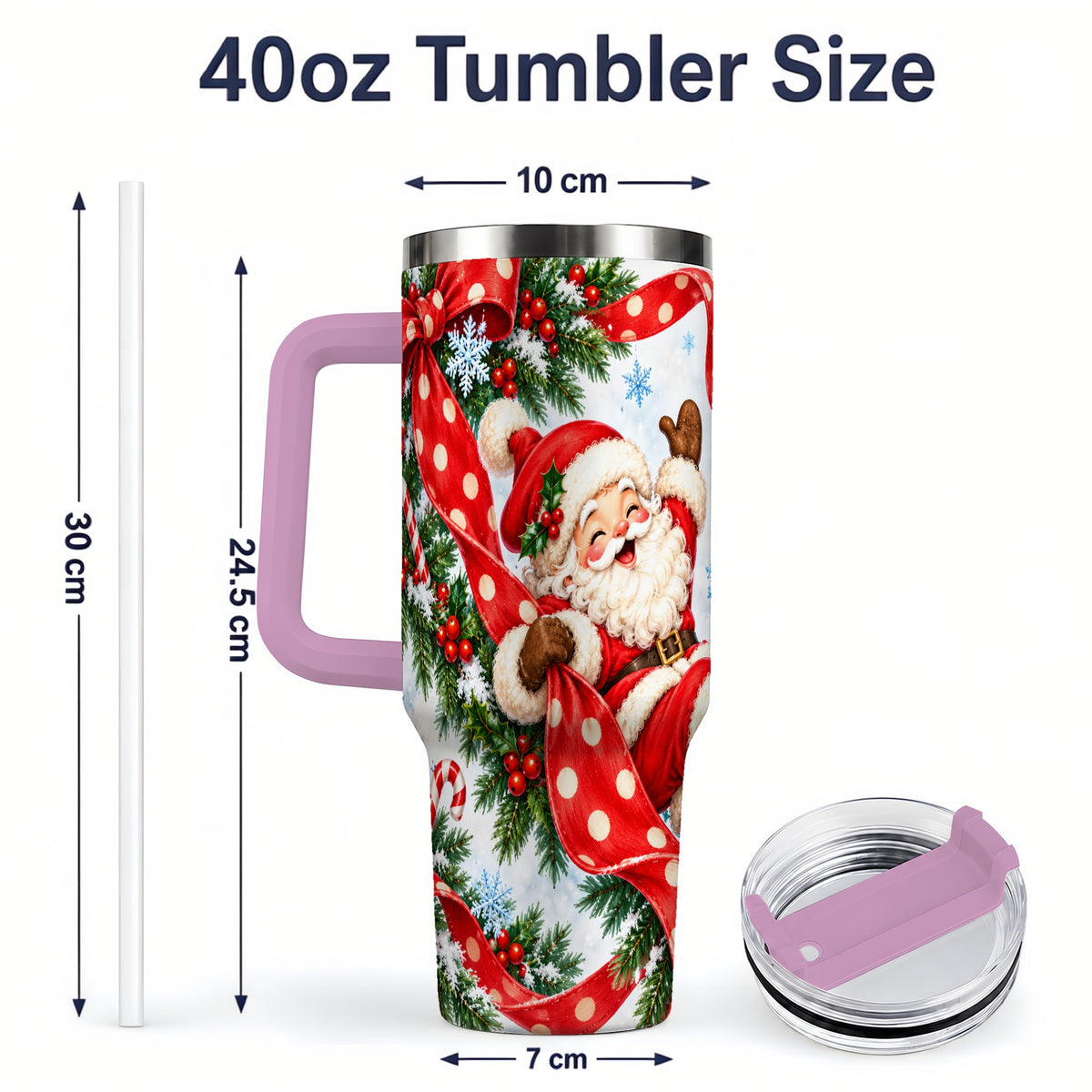 #pl[40oz|Pink] Jolly Santa Claus 40oz Handled Tumbler, Festive Christmas Bow Artwork