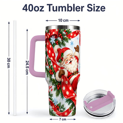#pl[40oz|Pink] Jolly Santa Claus 40oz Handled Tumbler, Festive Christmas Bow Artwork
