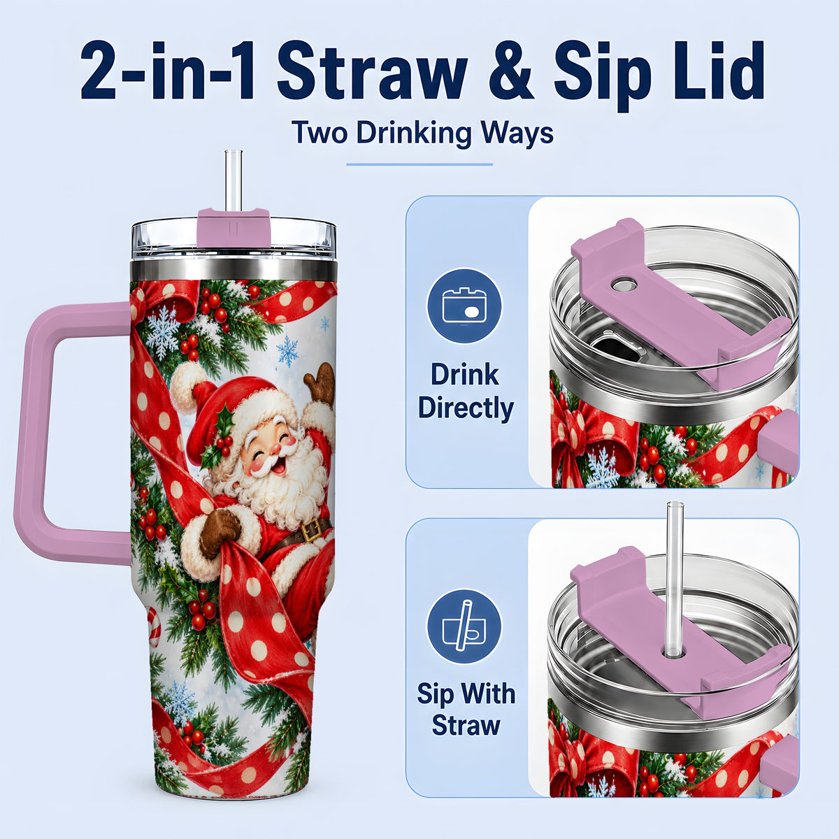 #pl[40oz|Pink] Jolly Santa Claus 40oz Handled Tumbler, Festive Christmas Bow Artwork