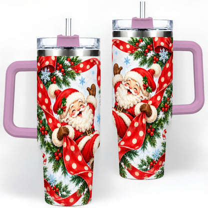 #pl[40oz|Pink] Jolly Santa Claus 40oz Handled Tumbler, Festive Christmas Bow Artwork