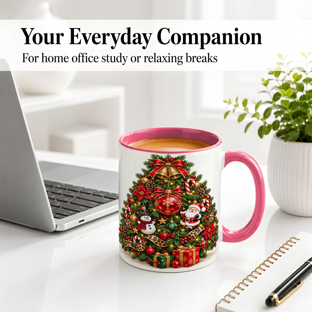#pl[11oz|Pink] Leopard Ribbon Christmas Tree Ceramic Mug, Santa Snowman Artwork