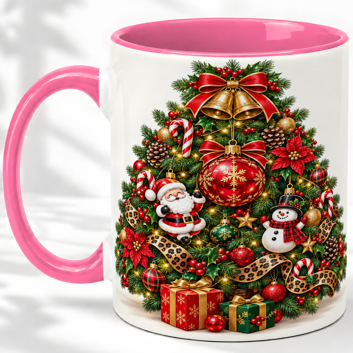 #pl[11oz|Pink] Leopard Ribbon Christmas Tree Ceramic Mug, Santa Snowman Artwork