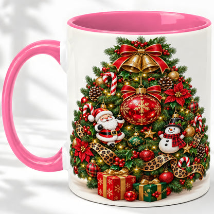 #pl[11oz|Pink] Leopard Ribbon Christmas Tree Ceramic Mug, Santa Snowman Artwork