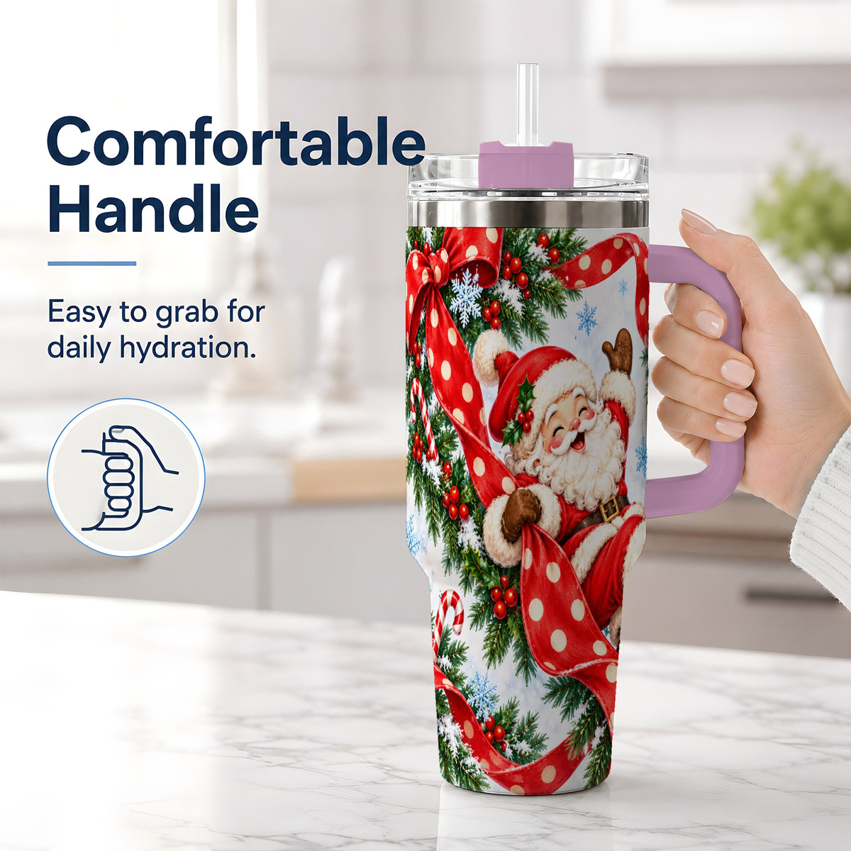 #pl[40oz|Pink] Jolly Santa Claus 40oz Handled Tumbler, Festive Christmas Bow Artwork