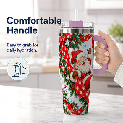 #pl[40oz|Pink] Jolly Santa Claus 40oz Handled Tumbler, Festive Christmas Bow Artwork