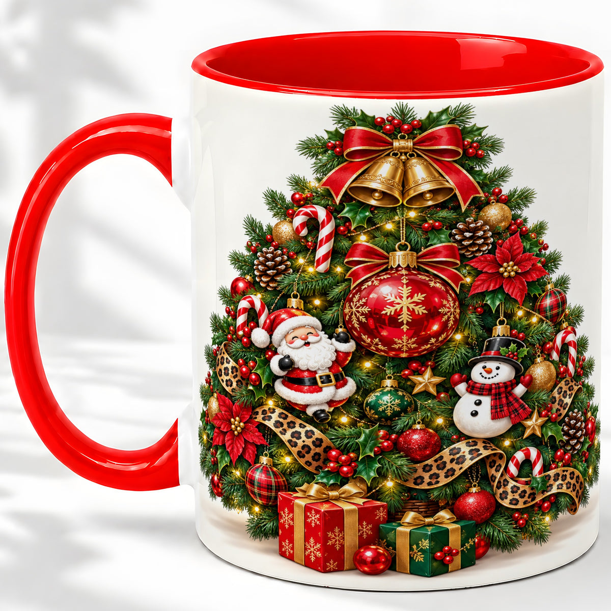 Leopard Ribbon Christmas Tree Ceramic Mug, Santa Snowman Artwork