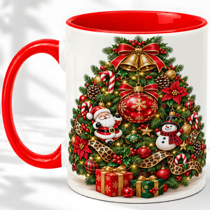 Leopard Ribbon Christmas Tree Ceramic Mug, Santa Snowman Artwork