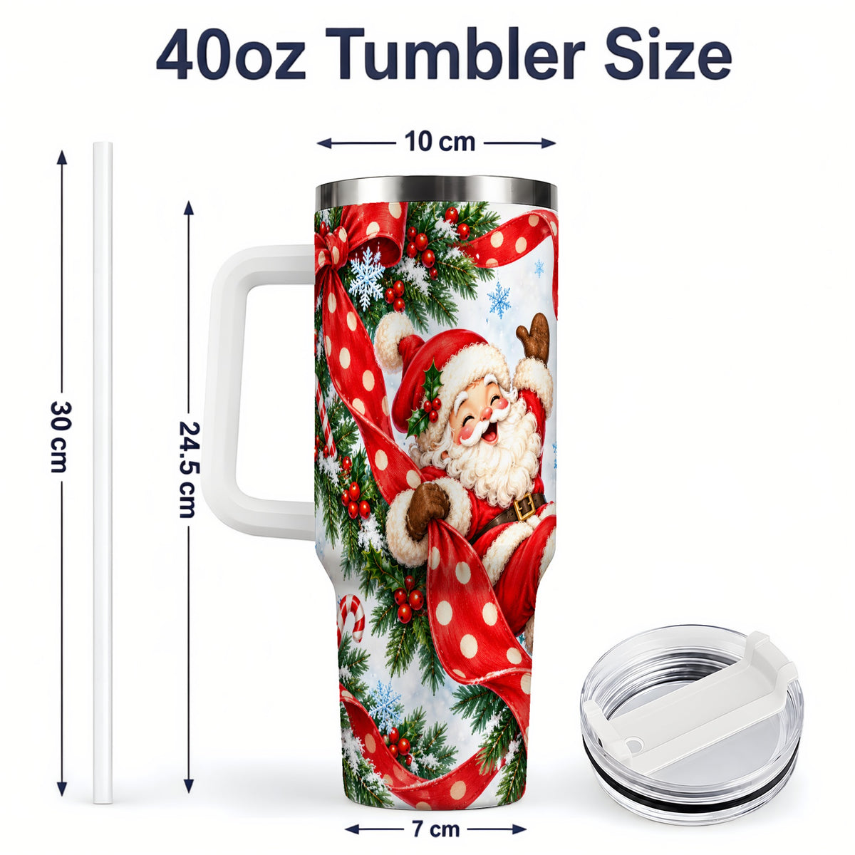 #pl[40oz|White] Jolly Santa Claus 40oz Handled Tumbler, Festive Christmas Bow Artwork