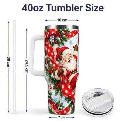 #pl[40oz|White] Jolly Santa Claus 40oz Handled Tumbler, Festive Christmas Bow Artwork