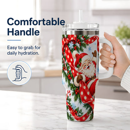 #pl[40oz|White] Jolly Santa Claus 40oz Handled Tumbler, Festive Christmas Bow Artwork