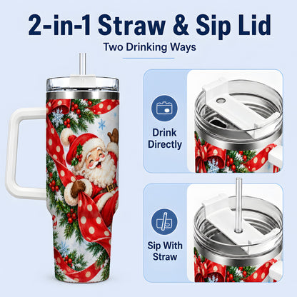 #pl[40oz|White] Jolly Santa Claus 40oz Handled Tumbler, Festive Christmas Bow Artwork