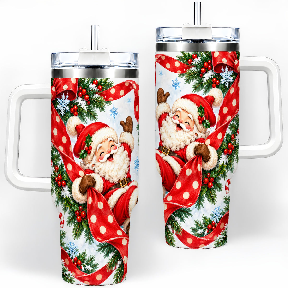 Jolly Santa Claus 40oz Handled Tumbler, Festive Christmas Bow Artwork