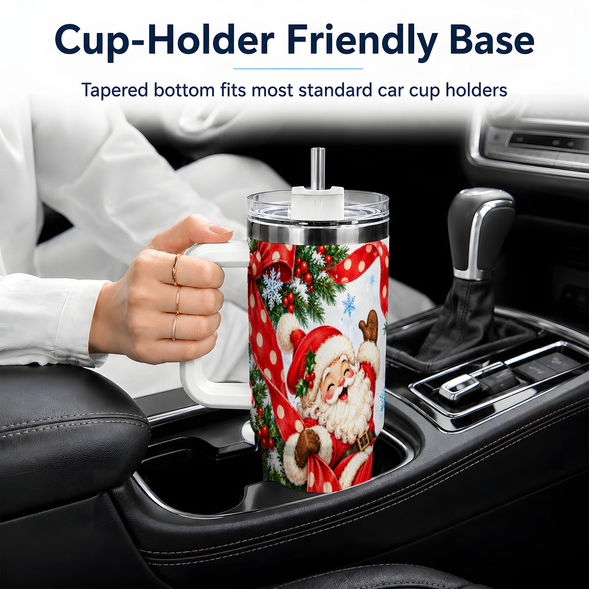 Jolly Santa Claus 40oz Handled Tumbler, Festive Christmas Bow Artwork